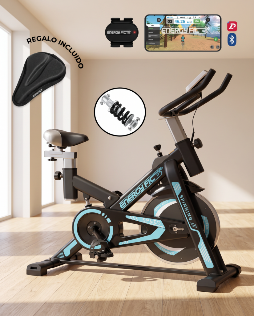 Bicicleta Spinning Shock Rider Profesional Con Amortiguador 30 Kgs y App Bluetooth