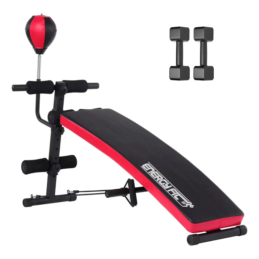 Banco Abdominales Curvo Boxeo + Mancuernas + Puching Ball