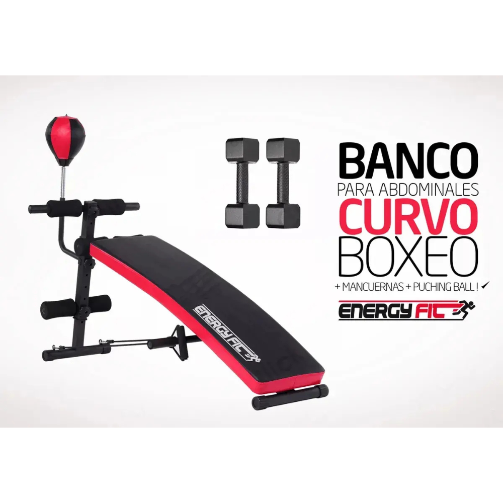 Banco Abdominales Curvo Boxeo + Mancuernas + Puching Ball