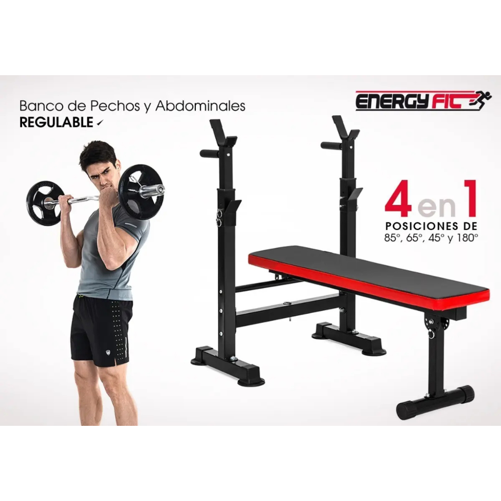 Banco De Pecho Pesas Plano Regulable Plegable + Paralelas Energy Fit