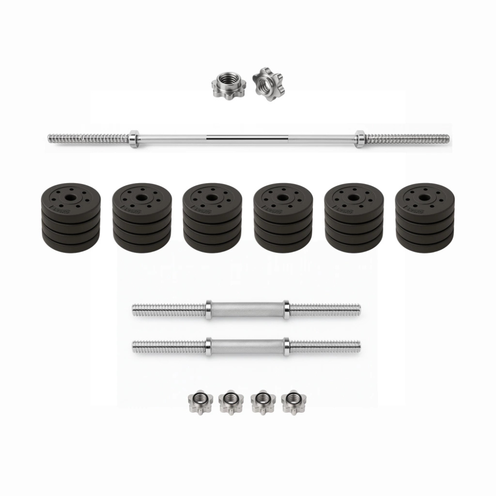 Kit Barra 1.20 Mts Maciza + 2 Mancuernas + 30kg En Discos