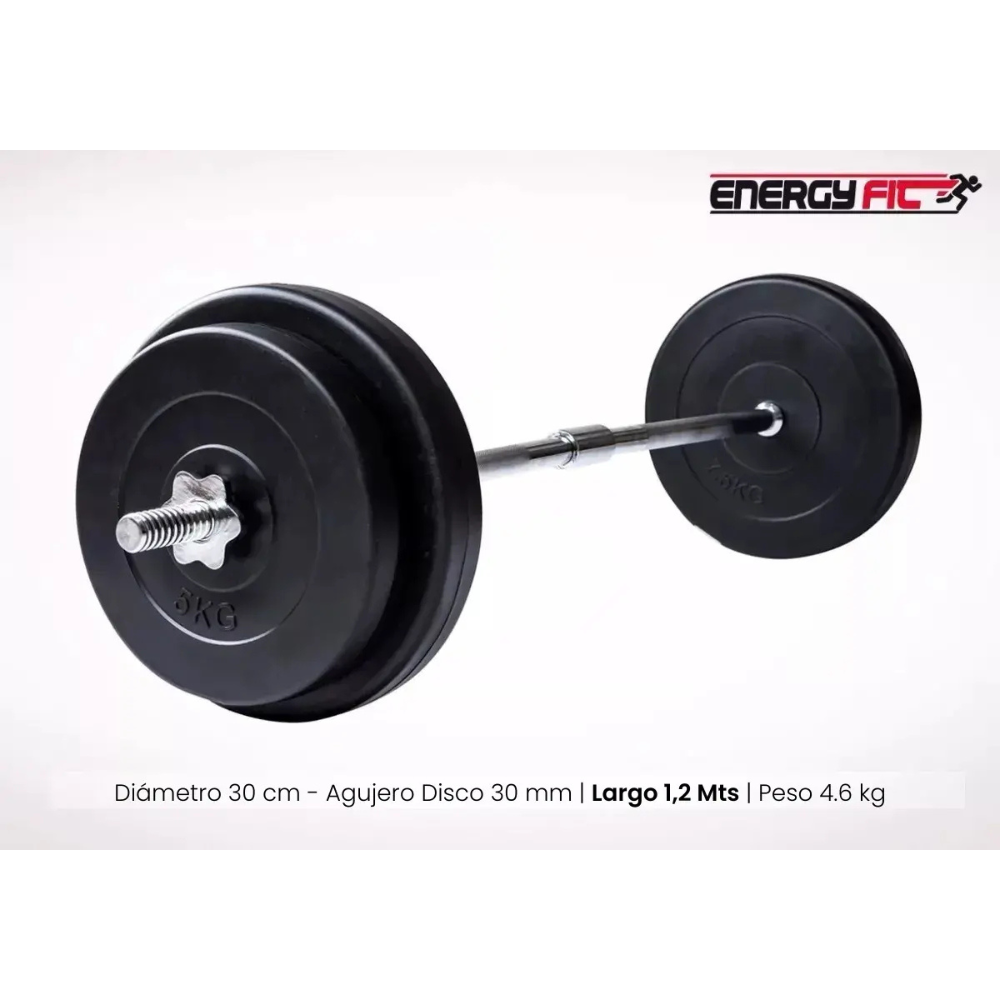 Barra de Pesas Maciza de Acero Cromada para Gym, 1.2 Mts con Roscas