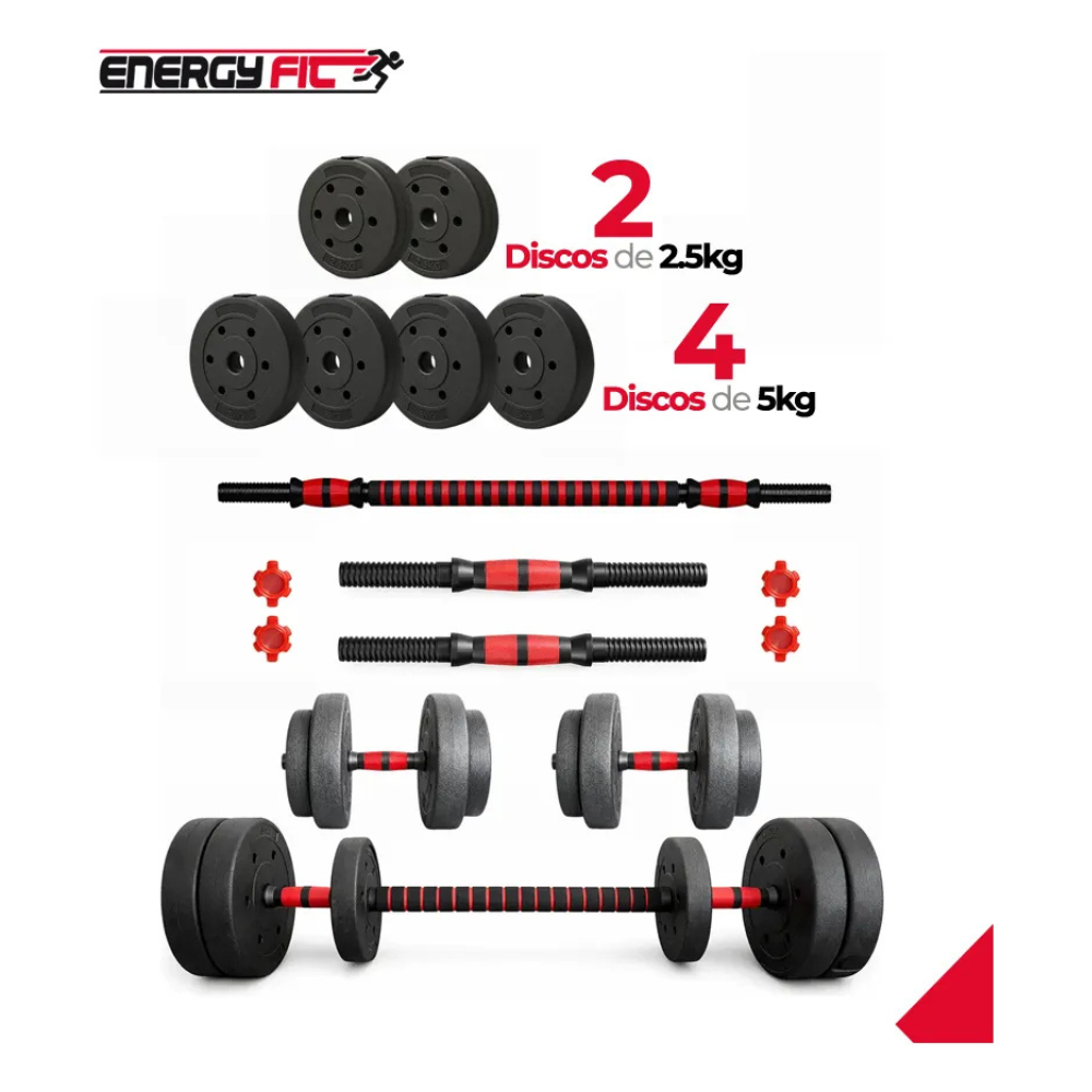Kit Mancuernas Y Barra Topes A Rosca 25kg Discos