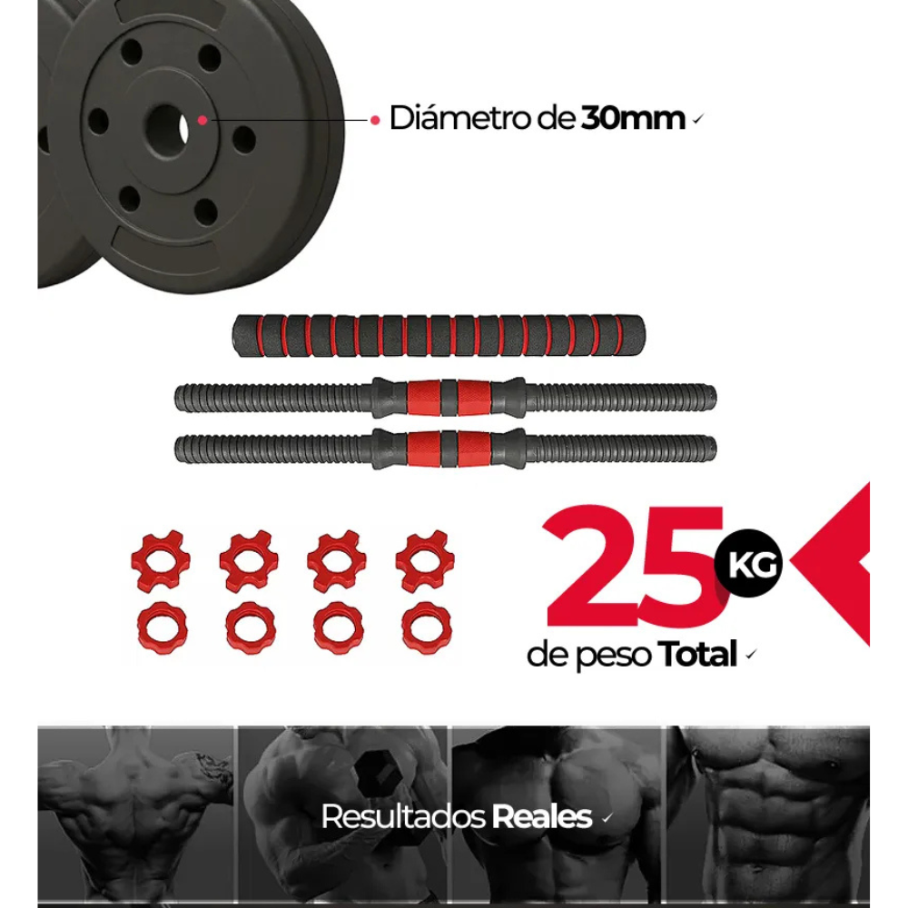 Kit Mancuernas Y Barra Topes A Rosca 25kg Discos