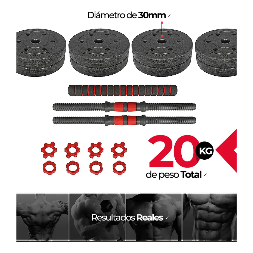 Kit Mancuernas Y Barra Topes A Rosca 20kg Discos