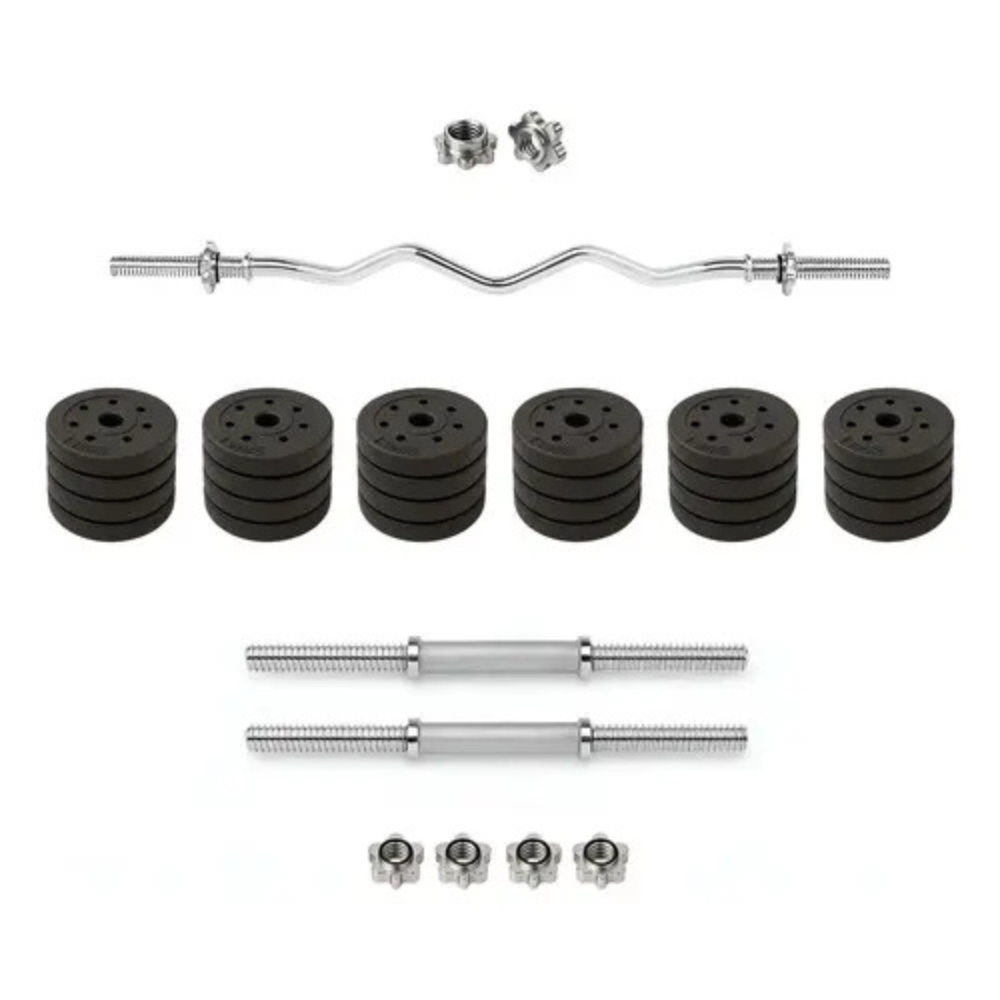 Kit Barra Ez W Curva Ligera 1.2 metros + 2 Mancuernas + 30kg En Discos