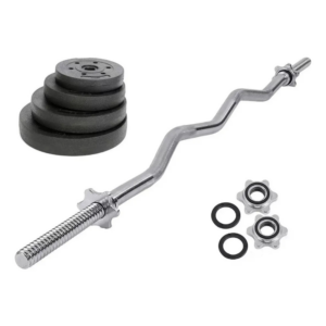 Barra Ez Biceps W + Kit Pesas 20 Kg Discos Maciza Cromada
