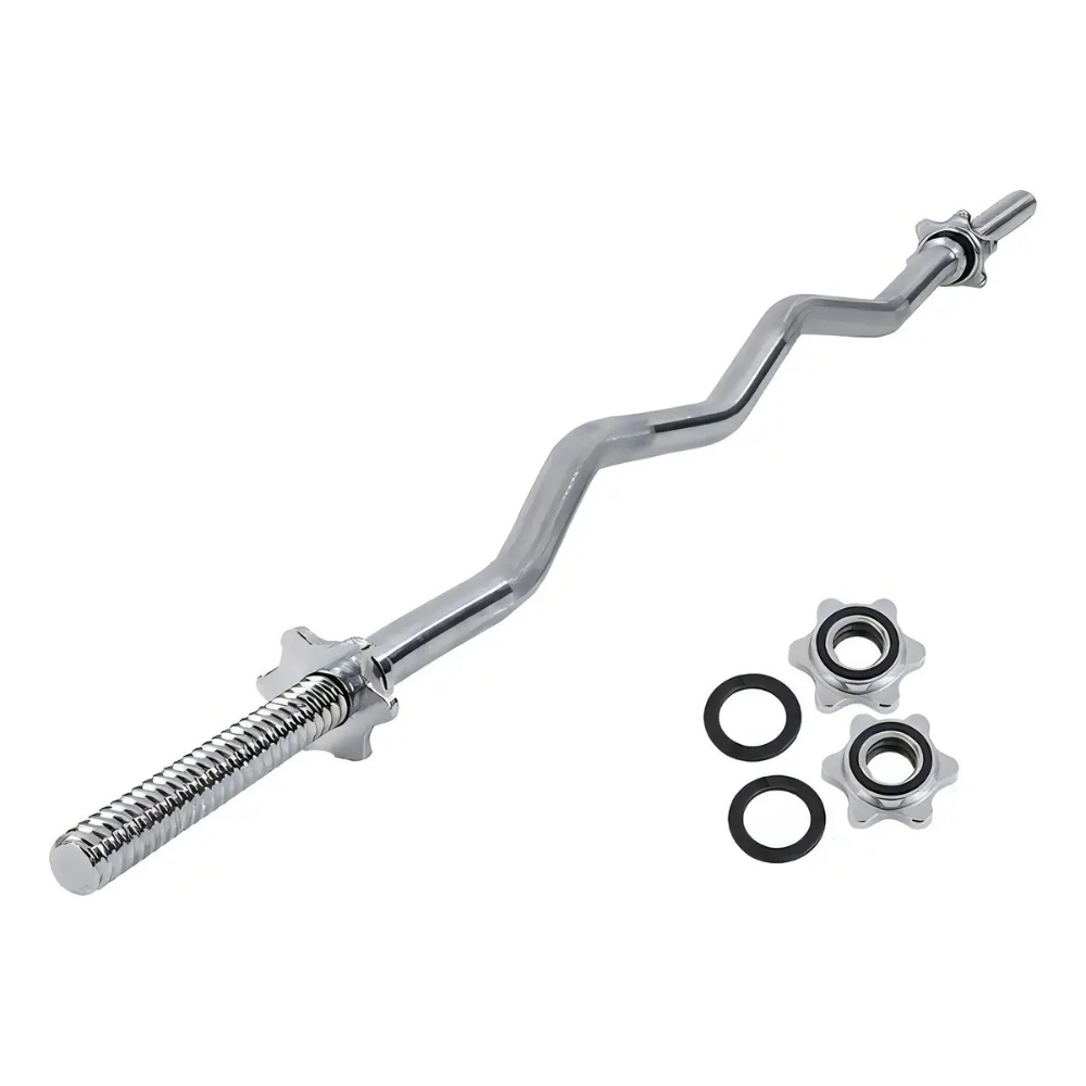 Barra EZ Curva Cromada Maciza de 1.2 m para Biceps y Triceps con Topes de Rosca